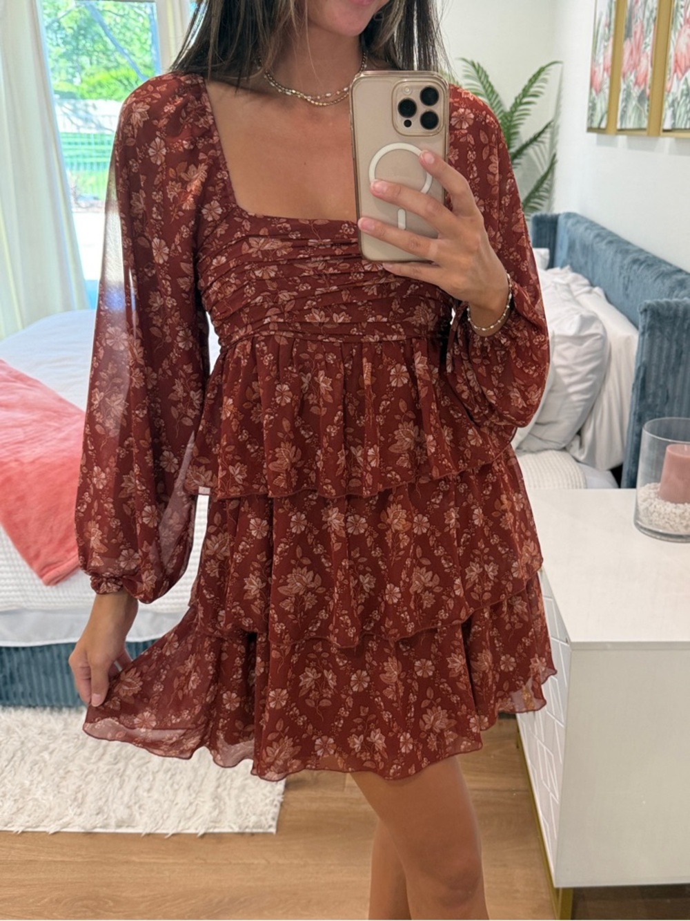Altar'd State Rust Floral Tiered Long-Sleeve Dress